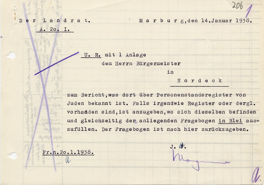 Brief an den Bürgermeister von Nordeck, einen Bericht über jüdische Personenstandsregister in Nordeck anzufertigen, und diese an den Landrat zu schicken.  14. Januar 1938