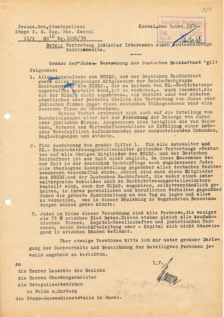 Schreiben der Staatspolizeitstelle für den Regierungsbezirk Kassel betreffend Vertretung jüdischer Interessen durch deutsche Rechtsanwälte, 8. Mai 1936.