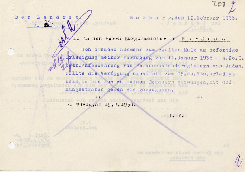 Androhung einer Ordnungsstrafe wegen nichtbearbeitung der Anfrage zu den Personenstandsregistern, 12 Februar 1938