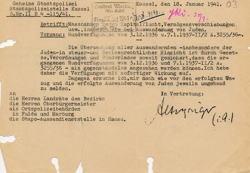 Schreiben der GeStaPO Kassel an Landräte und Bürgermeister des Bezirks. "Auswanderung" von Juden soll gemeldet werden, 19. Januar 1941