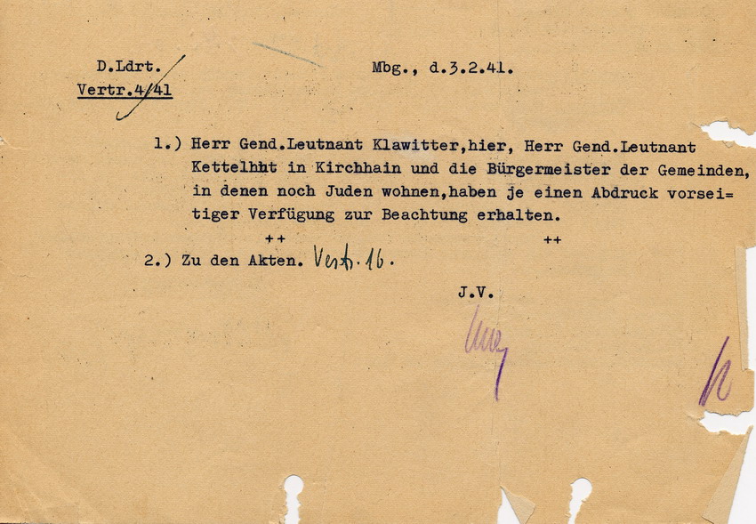Schreiben der GeStaPO Kassel an Landräte und Bürgermeister des Bezirks. "Auswanderung" von Juden soll gemeldet werden, 19. Januar 1941