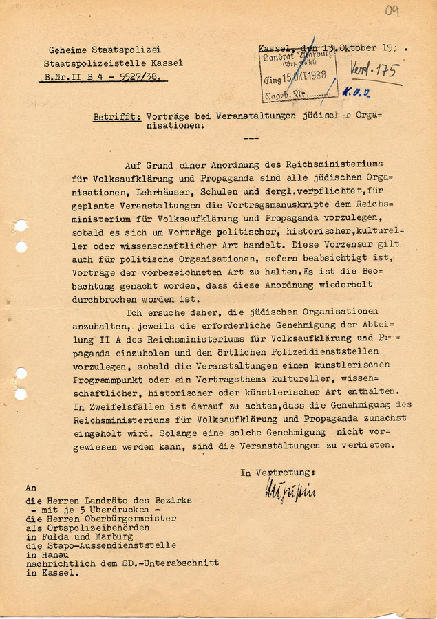 Schreiben der GeStaPo Kassel an Landräte, Bürgermeister und Polizei.  Vorabzensur der Reden bei "Jüdischen Veranstaltungen", 13. Oktober 1938