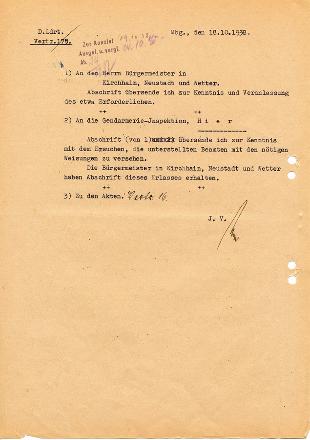 Schreiben der GeStaPo Kassel an Landräte, Bürgermeister und Polizei.  Vorabzensur der Reden bei "Jüdischen Veranstaltungen", 13. Oktober 1938