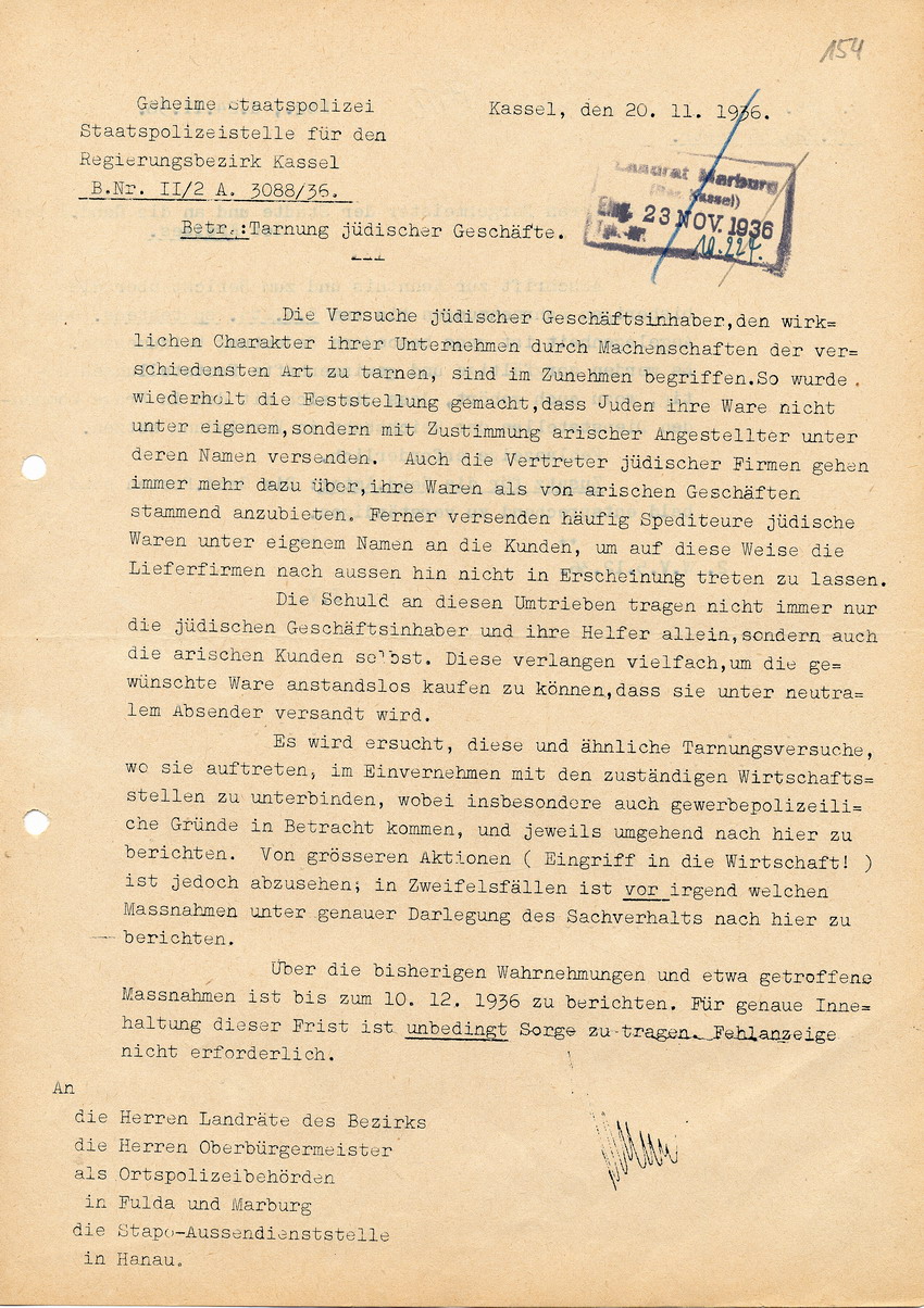 Schreiben der Staatspolizeistelle für den Regierungsbezirk Kassel betreffend Unterbindung von "Tarnungsversuchen" jüdischer Geschäfte, 20. November 1936.