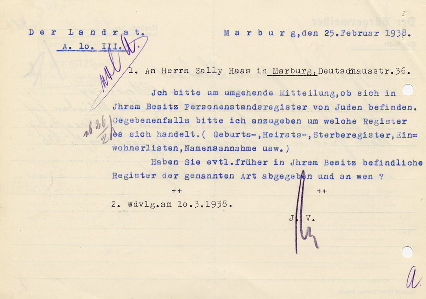 Anfrage des Landrats an Herrn Sally Haas über den Verbleib von Personenstandsregistern der Juden, 25 Februar 1938