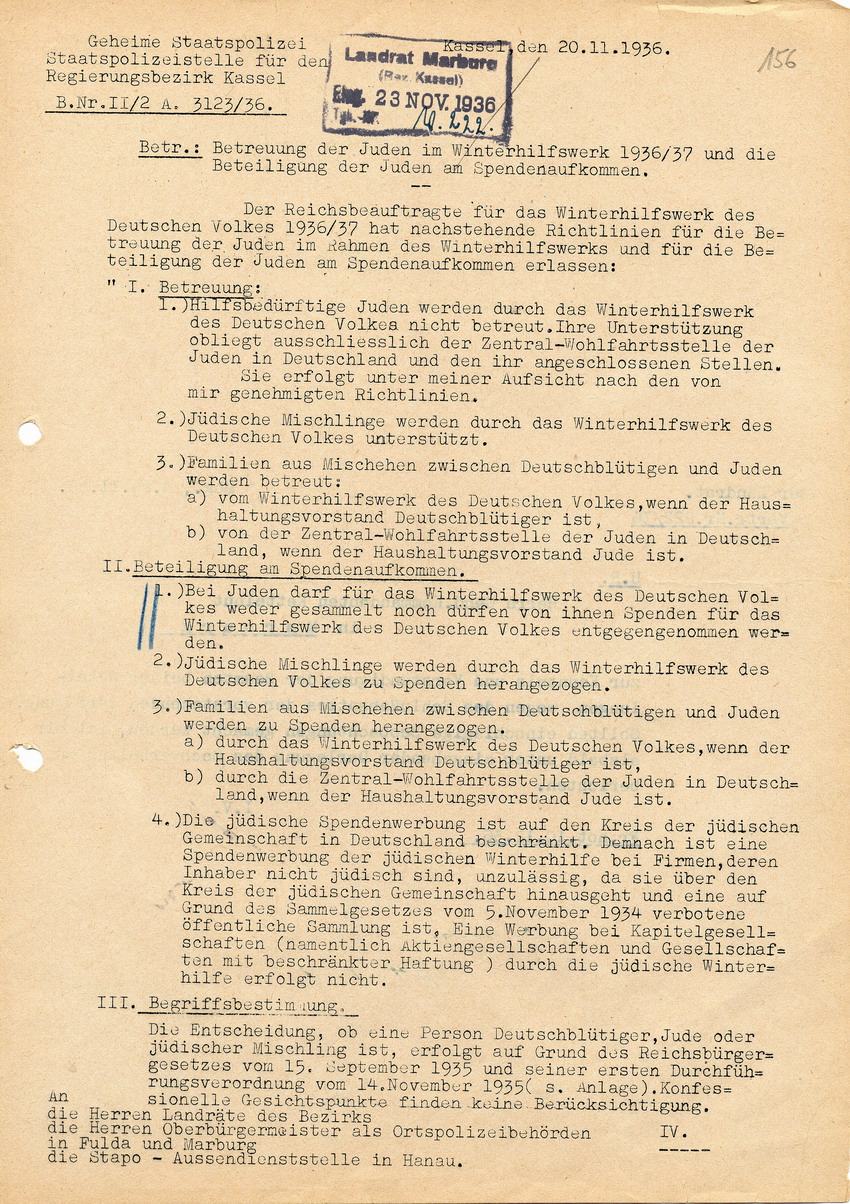 Schreiben der Staatspolizeistelle für den Regierungsbezirk Kassel betreffend Richtlinien für die Betreuung der Juden durch das Winterhilfswerk und Beteiligung am Spendenaufkommen, 20. November 1936.