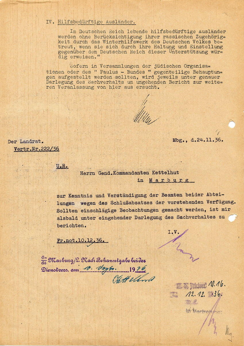 Schreiben der Staatspolizeistelle für den Regierungsbezirk Kassel betreffend Richtlinien für die Betreuung der Juden durch das Winterhilfswerk und Beteiligung am Spendenaufkommen, 20. November 1936.