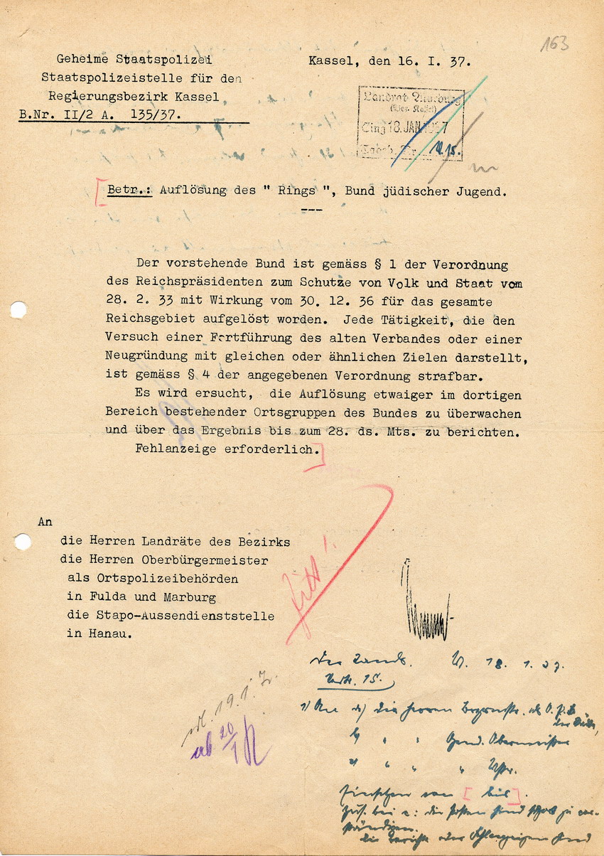 Schreiben der Staatspolizeistelle für den Regierungsbezirk Kassel betreffend Auflösung des "Rings" (Bund jüdischer Jugend), 16. Januar 1937.