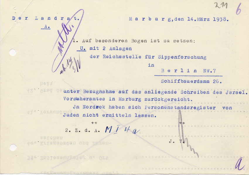 Mitteilung des Bürgermeisters von Nordeck, betreffend Personenstandsregister, 14 März 1938