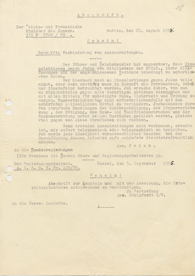 Abschrift des geheimen Schreibens des Reichs- und Preussischen Ministerium des Innern an die Regierungspräsidenten. Einzelaktionen gegen Juden werden durch "Führerbefehl" verboten, 20. August 1935