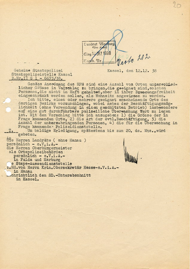Schreiben der GeStaPo an Landräte, Bürgermeister und Polizei. Suche nach Wohnräumen für "Nichtinhaftierte", 12. Dezember 1938
