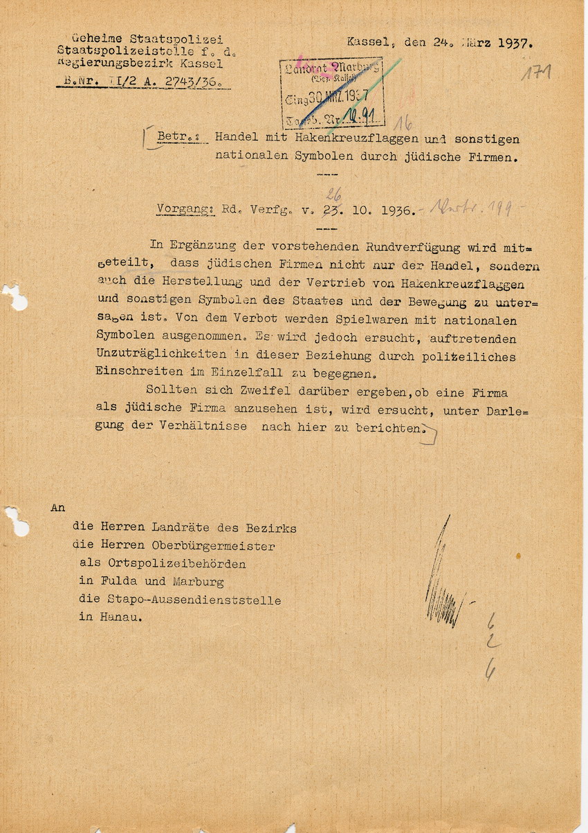 Ergänzung der Rundverfügung zum Handel mit nationalen Symbolen betreffend Herstellung und Vertrieb nationaler Symbole durch jüdische Firmen , 24. März 1937.