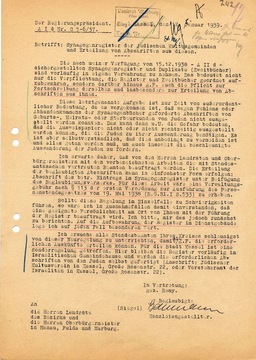 Anordnung des Regierungspräsidenten zu Synagogenregistern, 12 Januar 1939
