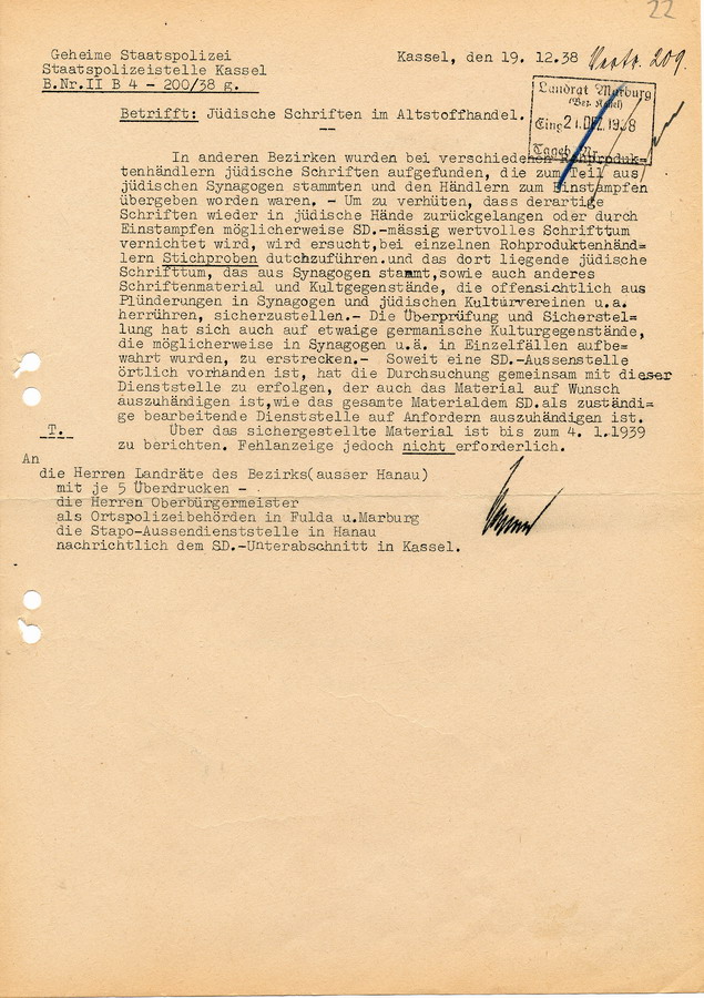 Gesuch der GeStaPo Kassel an Landräte, Bürgermeister und Polizei.  Vernichtung der konfiszierten Schriften soll überwacht werden, 19. Dezember 1938.