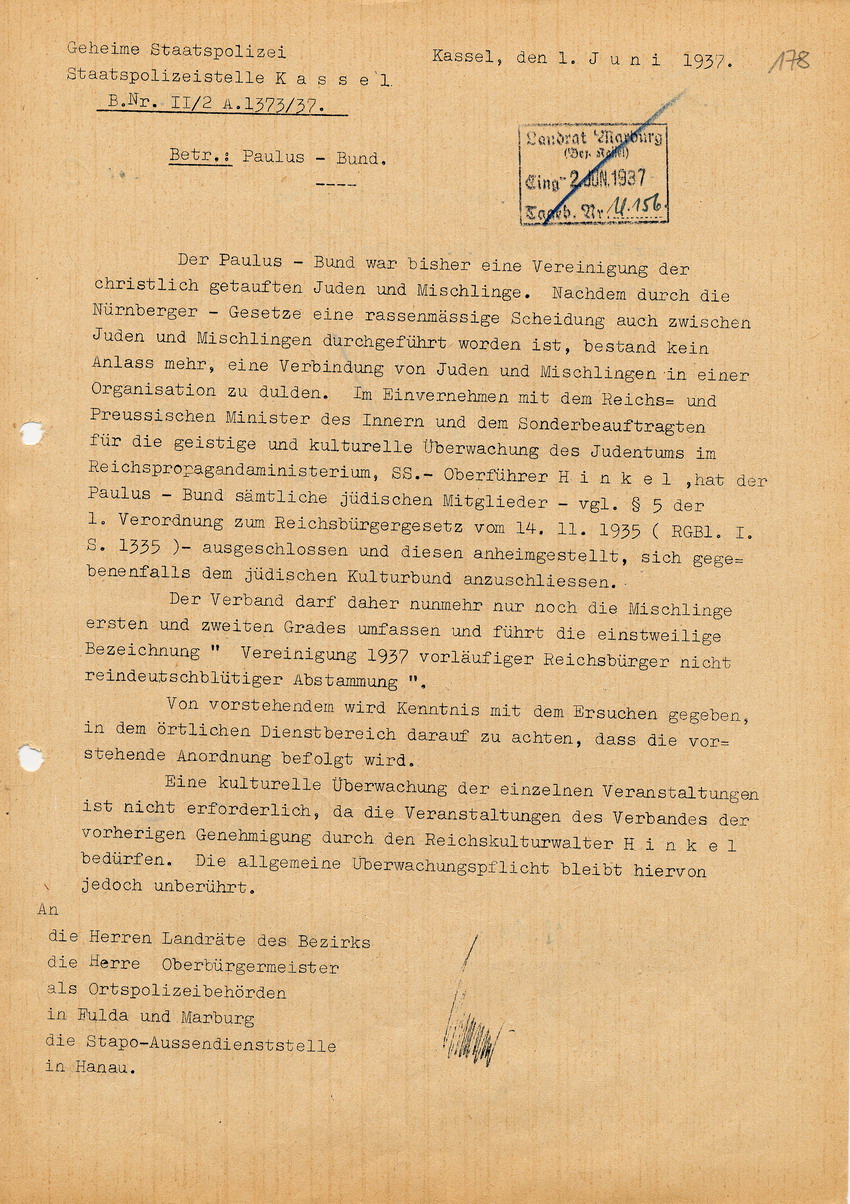 Schreiben der Staatspolizeistelle für den Regierungsbezirk Kassel betreffend Ausschluß von Juden aus dem "Paulus-Bund", 1. Juni 1937.