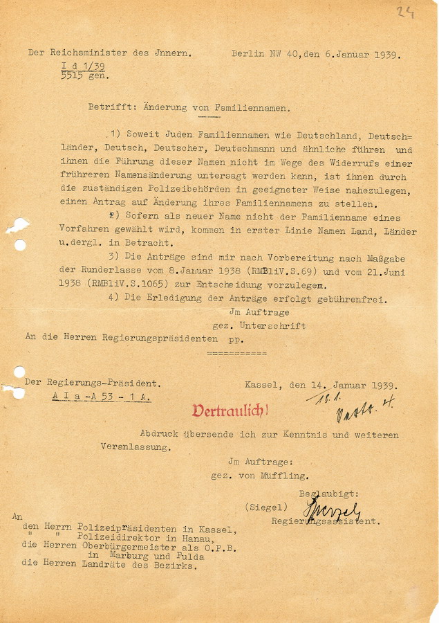 Schreiben des Reichsministers des Innern an die Regierungspräsidenten. Juden mit besonderen Familiennamen sollen zu einer Namensänderung gezwungen werden, 06. Januar 1939