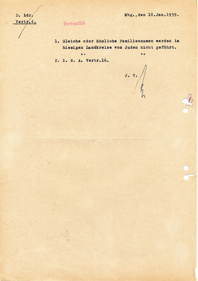 Schreiben des Reichsministers des Innern an die Regierungspräsidenten. Juden mit besonderen Familiennamen sollen zu einer Namensänderung gezwungen werden, 06. Januar 1939