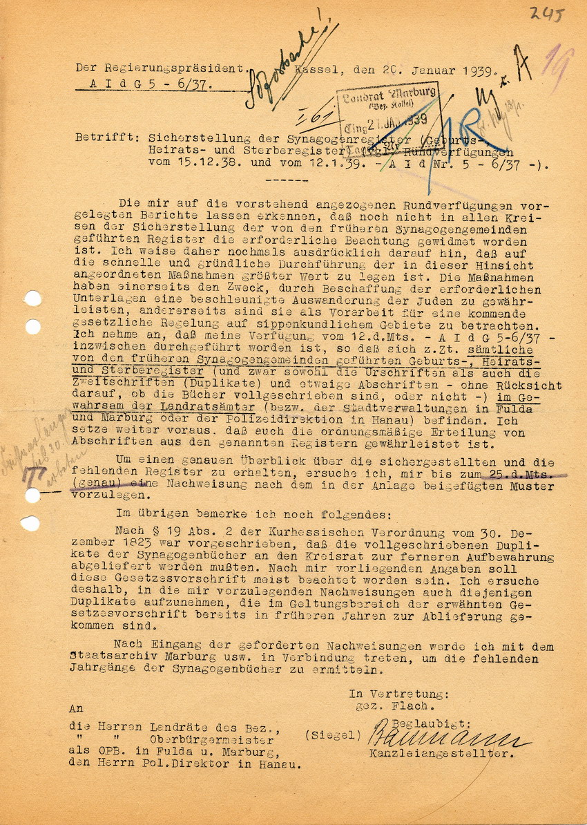Anordnung des Regierungspräsidenten, betreffend die Sicherstellung der Synagogenbücher, 20 Januar 1939