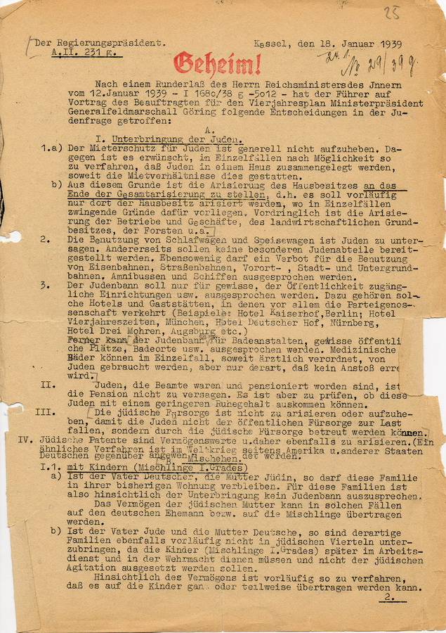 Geheimer Erlaß des Regierungspräsidenten an Landräte, Bürgermeister und Polizei. Informationen über die Entscheidungen des "Führers" hinsichtlich der "Judenfrage", 18. Januar 1939