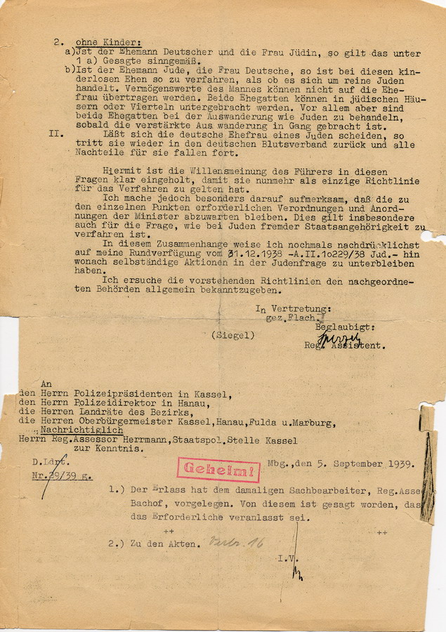 Geheimer Erlaß des Regierungspräsidenten an Landräte, Bürgermeister und Polizei. Informationen über die Entscheidungen des "Führers" hinsichtlich der "Judenfrage", 18. Januar 1939