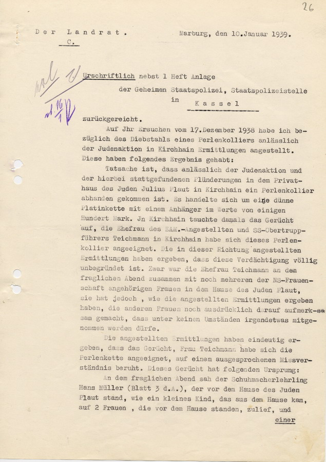 Schreiben des Landrats in Marburg an die GeStaPo in Kassel. Ermittlungen über den Diebstahl von Schmuck während der Ausschreitungen gegen Juden, 10. Januar 1939