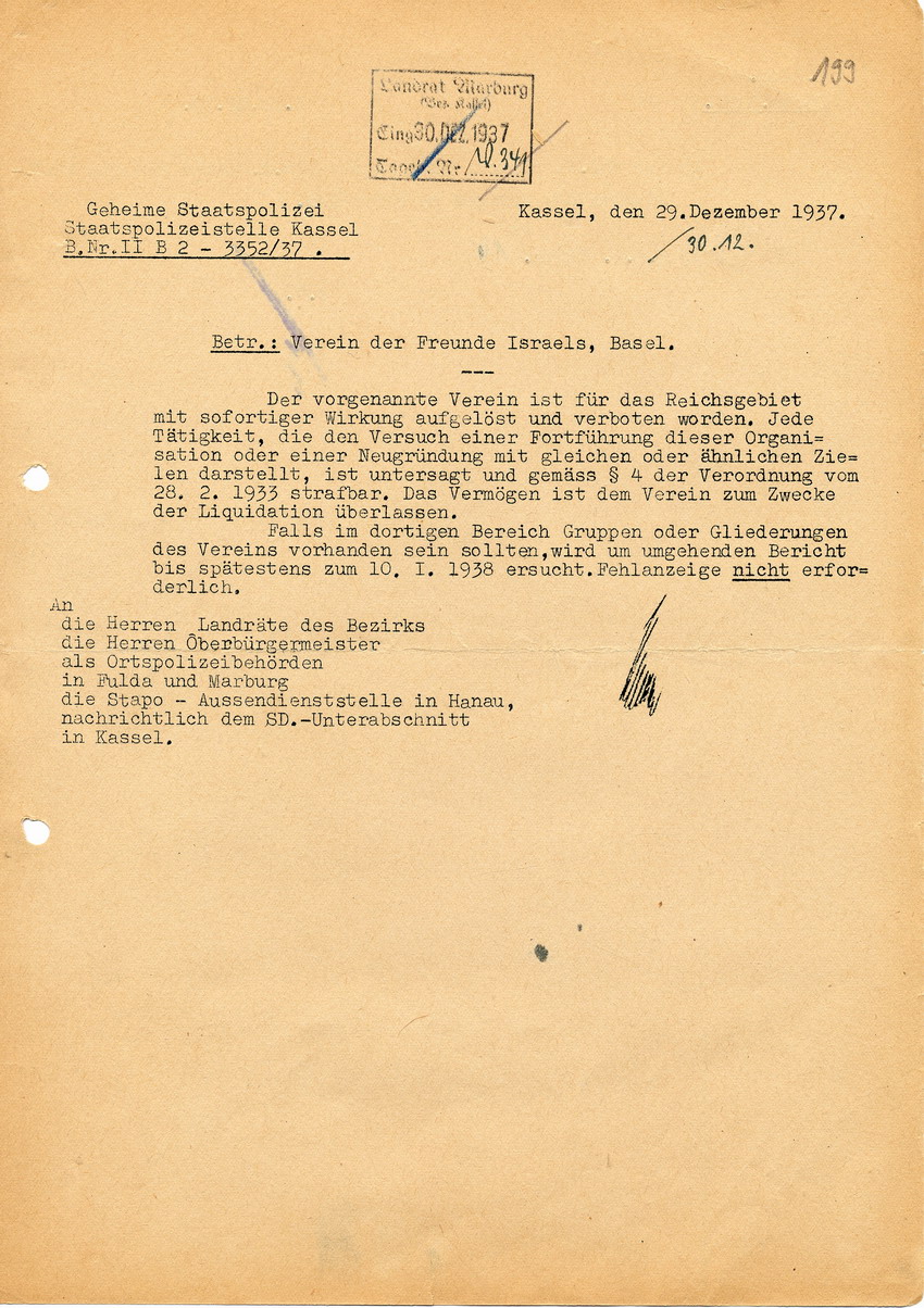 Schreiben der Staatspolizeistelle betreffend Auflösung des "Vereins der Freunde Israels", 29. Dezember 1937.