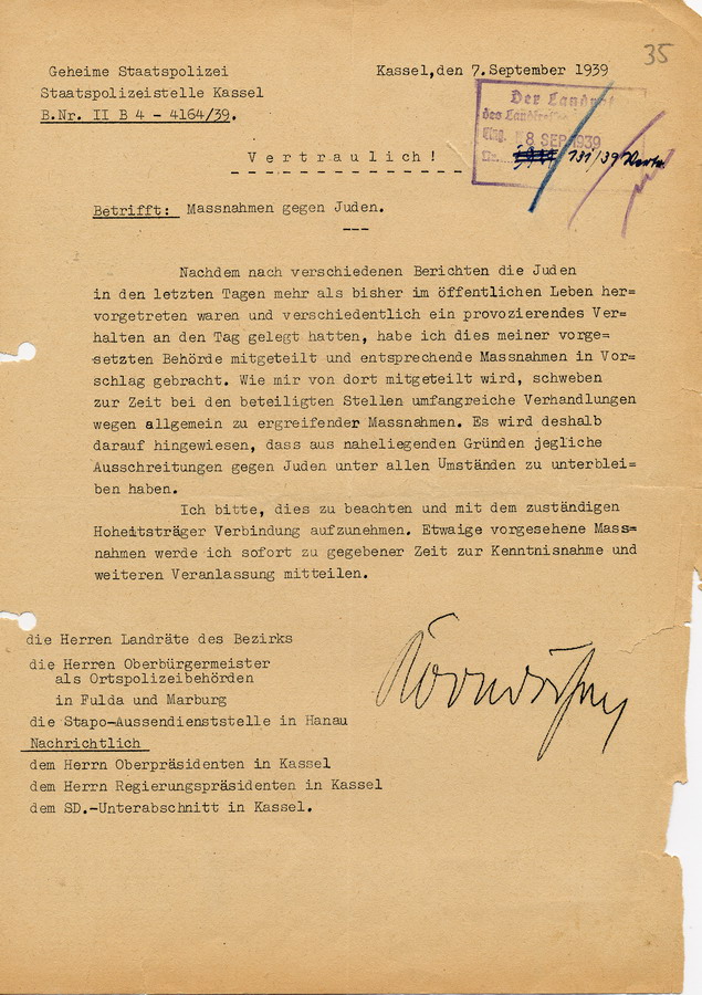 Vertrauliches Schreiben der GeStaPo Kassel an Landräte, Bürgermeister und Polizei. Maßnahmen gegen Juden sind zu unterlassen, 7. September 1939