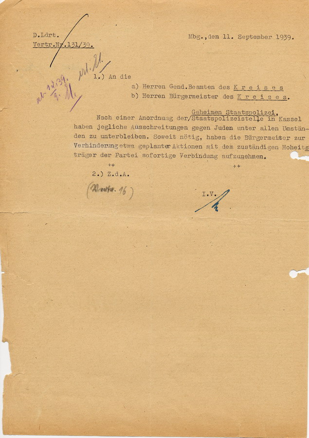 Vertrauliches Schreiben der GeStaPo Kassel an Landräte, Bürgermeister und Polizei. Maßnahmen gegen Juden sind zu unterlassen, 7. September 1939