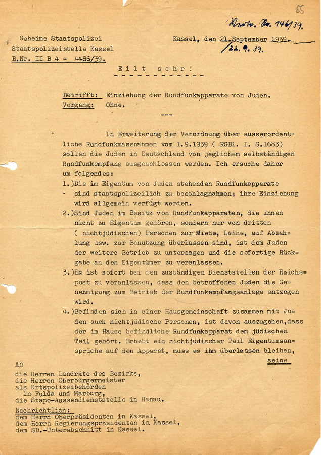 Eilendes Schreiben der GeStaPo Kassel an Landräte, Bürgermeister und Polizei. Rundfunkgeräte jüdischer Bürger werden konfisziert, 21. September 1939