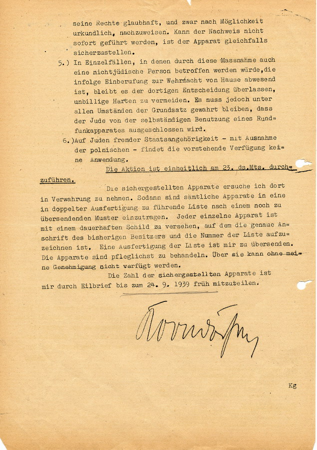 Eilendes Schreiben der GeStaPo Kassel an Landräte, Bürgermeister und Polizei. Rundfunkgeräte jüdischer Bürger werden konfisziert, 21. September 1939