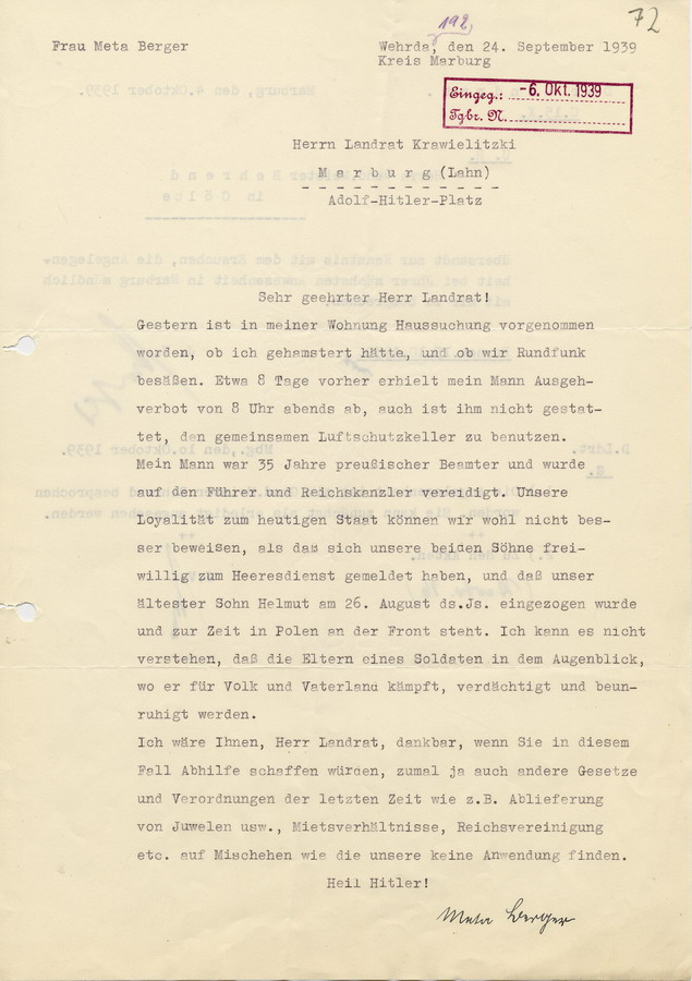 Beschwerde von Frau Meta Berger an den Landrat in Marburg. Beschwerde über die Konfiszierung ihres Radios und allgemeine Behandlung, 24. September 1939