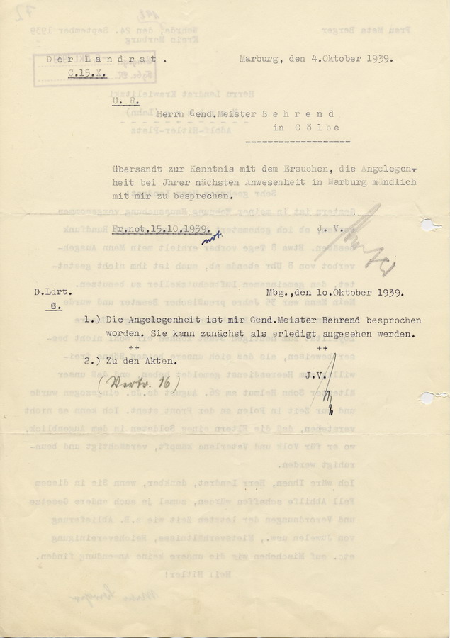 Beschwerde von Frau Meta Berger an den Landrat in Marburg. Beschwerde über die Konfiszierung ihres Radios und allgemeine Behandlung, 24. September 1939