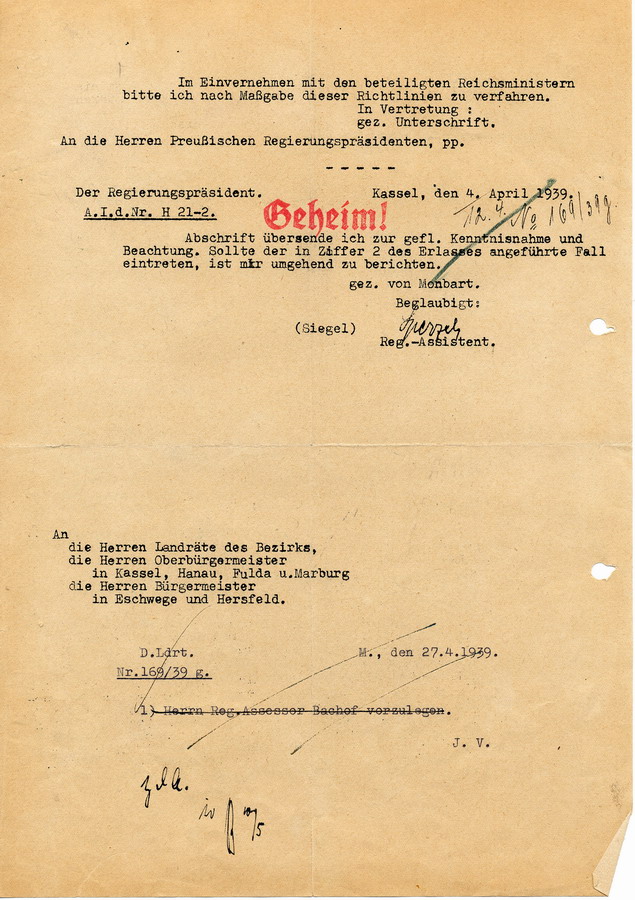 Geheimes Schreiben des Reichsministers für kirchliche Angelegenheiten an die Regierungspräsidenten. Handlungsanweisungen zum Umgang mit Ruinen von Synagogen, 24. März 1939