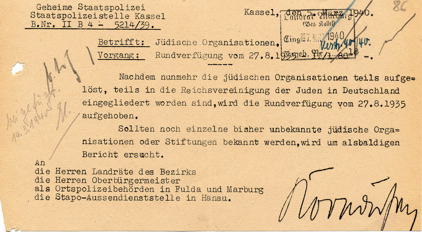 Schreiben der GeStaPo Kassel an Landräte, Bürgermeister und Polizei. Unbekannte jüdische Vereine sollen gemeldet werden, 5. März 1940