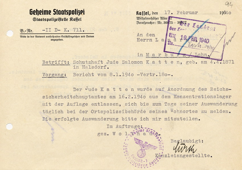 Schreiben der GeStaPo Kassel an den Landrat in Marburg. Katten wurde aus dem KZ entlassen, 17. Feburar 1940