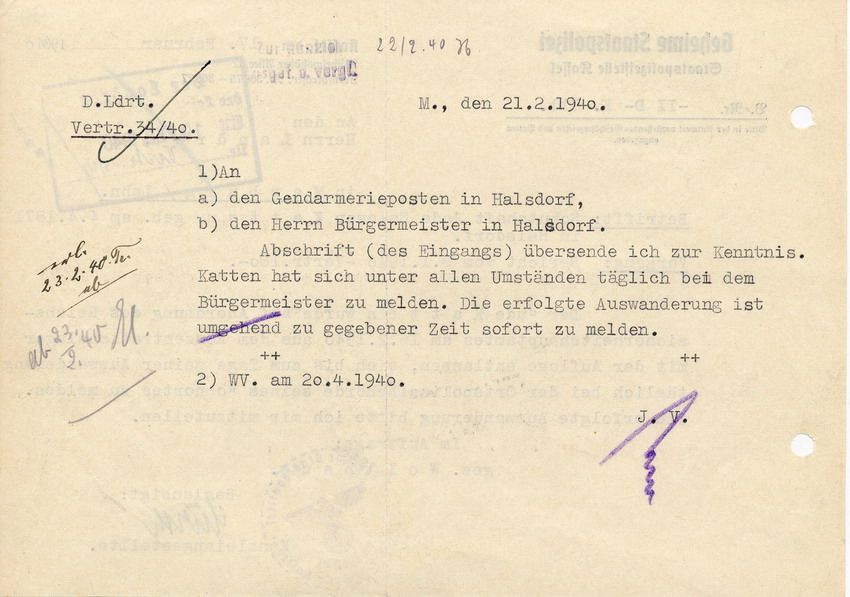 Schreiben der GeStaPo Kassel an den Landrat in Marburg. Katten wurde aus dem KZ entlassen, 17. Feburar 1940
