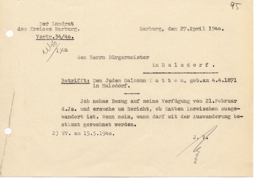 Schreiben des Landrats in Marburg an den Bürgermeister in Halsdorf. Anfrage über Kattens geplante "Auswanderung", 27. April 1940