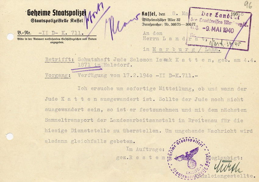 Schreiben der GeStaPo Kassel an den Landrat in Marburg. Anfrage über Kattens geplante "Auswanderung", 8. Mai 1940