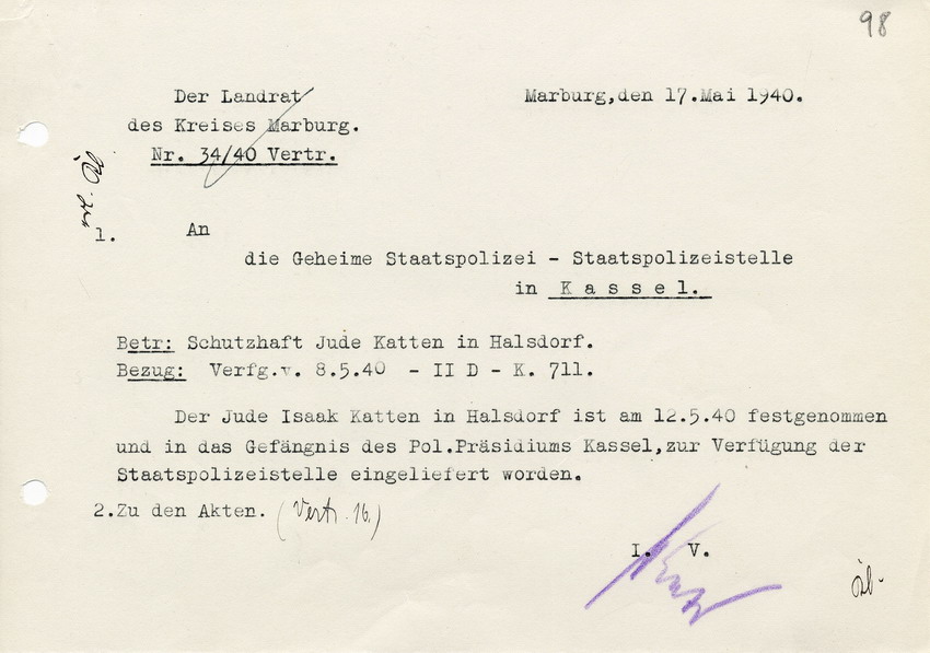 Bericht des Landrats in Marburg an die GeStaPo in Kassel. Katten wurde festgenommen, 17. Mai 1940