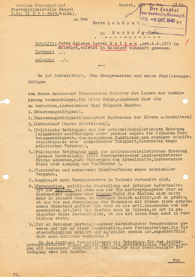 Schreiben der GeStaPo Kassel an den Landrat in Marburg. Anfrage zur "Ausbürgerung" von Katten, 8. Oktober 1940