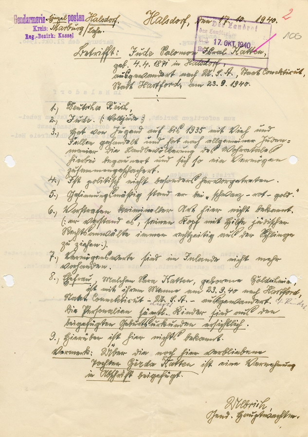 Antwort des Gendarmeriepostens in Halsdorf an den Landrat in Marburg. Angaben zur Person von Salomon Katten, 17. Oktober 1940