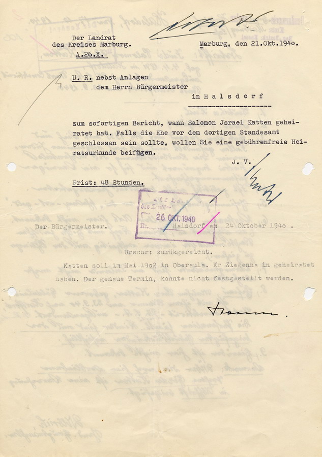 Antwort des Gendarmeriepostens in Halsdorf an den Landrat in Marburg. Angaben zur Person von Salomon Katten, 17. Oktober 1940