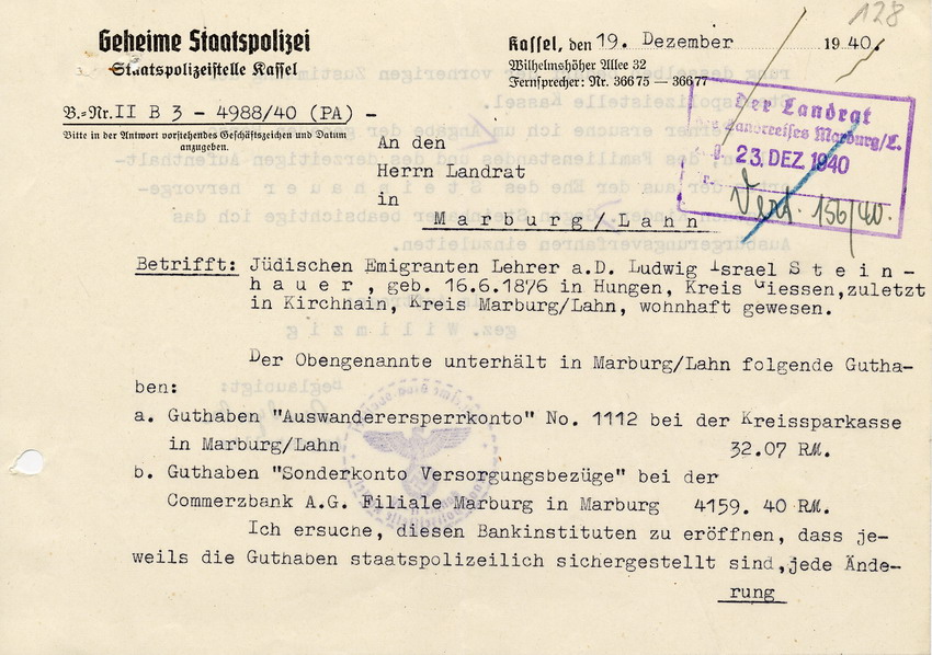 Anfrage der GeStaPo Kassel an den Landrat des Kreises Marburg über Bankkonten und mögliche Erben  von Ludwig Steinhauer vom 19. Dezember 1940