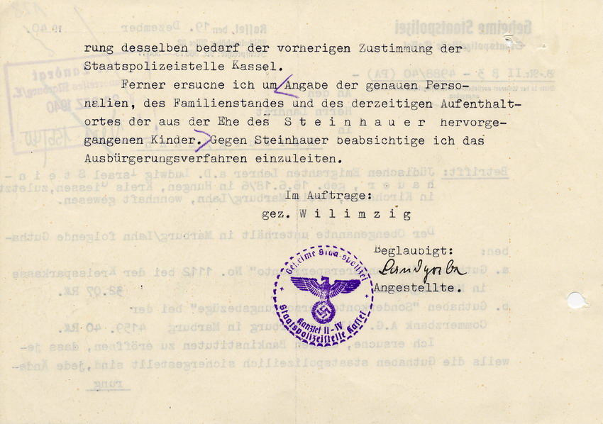Anfrage der GeStaPo Kassel an den Landrat des Kreises Marburg über Bankkonten und mögliche Erben  von Ludwig Steinhauer vom 19. Dezember 1940