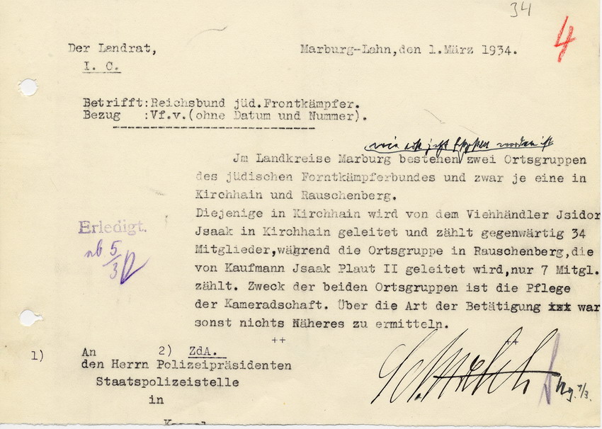 Angaben über den Reichsbund jüdischer Frontkämpfer im Landkreis Marburg mit  Nennung der Gruppenleiter und Mitgliederanzahl, 01. März 1934.