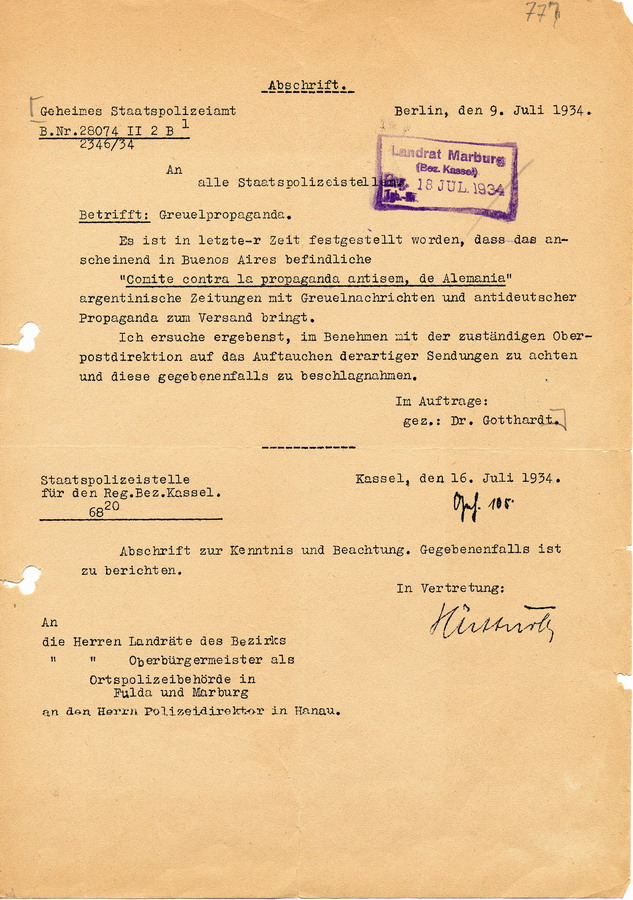 Informationsschreiben des Geheimen Staatspolizeiamtes über das "Comite contra la propaganda antisem, de Alemania", welches angeblich "Greuelpropaganda" verbreitet, 09. Juli 1934.