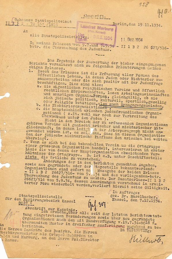 Zusätze des Geheimen Staatspolizeiamtes aus Berlin zu den Erlässen vom 9.7. und 5.9.34 zur Überwachung des Judentums an die Staatspolzeistellen, 19. November 1934.