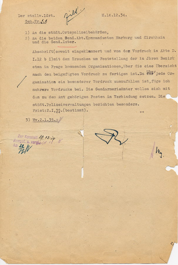 Zusätze des Geheimen Staatspolizeiamtes aus Berlin zu den Erlässen vom 9.7. und 5.9.34 zur Überwachung des Judentums an die Staatspolzeistellen, 19. November 1934.