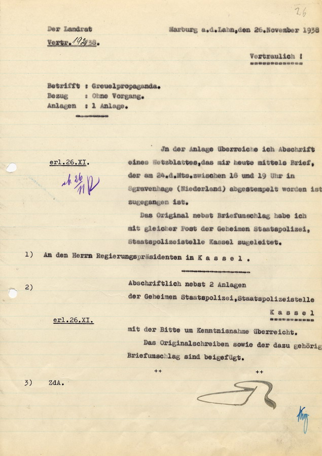 Nachricht des Landrats in Marburg an den Regierungspräsidenten in Kassel. "Greuelpropaganda", 26. November 1938