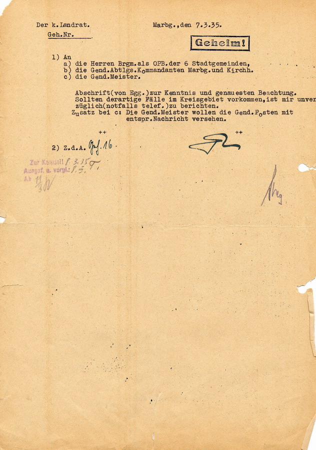 Ein Schreiben der Staatspolizeistelle Kassel an die Landräte und Oberbürgermeister des Bezirks über die Auftritte jüdischer Künstler vor der Öffentlichkeit, in denen sie den Staat lächerlich machen, 02. März 1935.